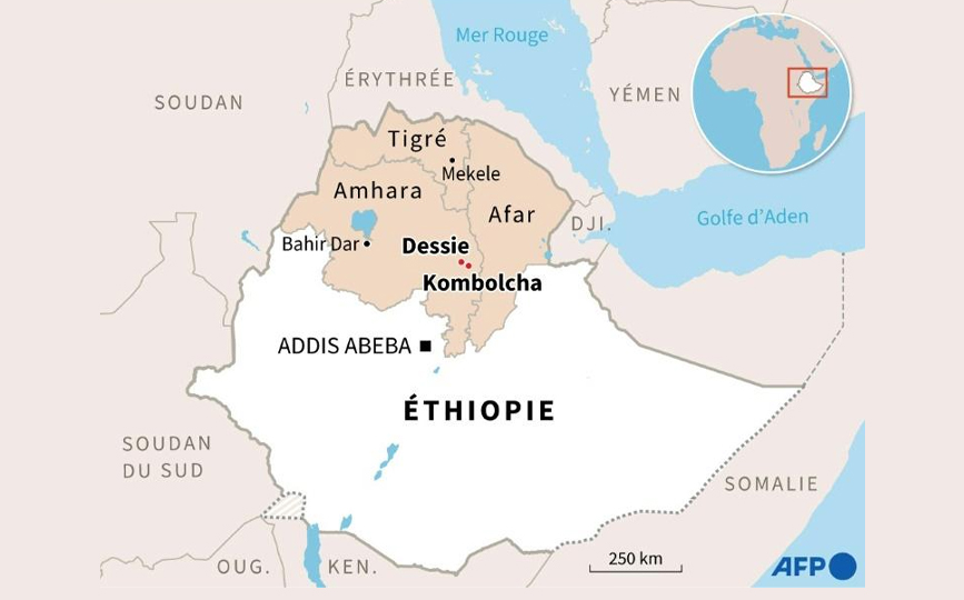 Carte d'Ethiopie localisant les régions du Tigré, de l'Afar et de l'Amhara, ainsi que les villages de Dessie et Kombolcha afp.com - Aude GENET