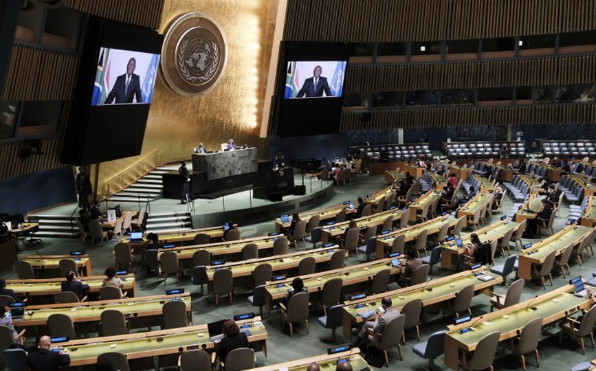 Discours vidéo du président sud-africain Cyril Ramaphosa lors de la 76e Assemblée Générale des Nations Unies, New York, 23 septembre 2021. (Spencer Platt/Pool Photo via AP)